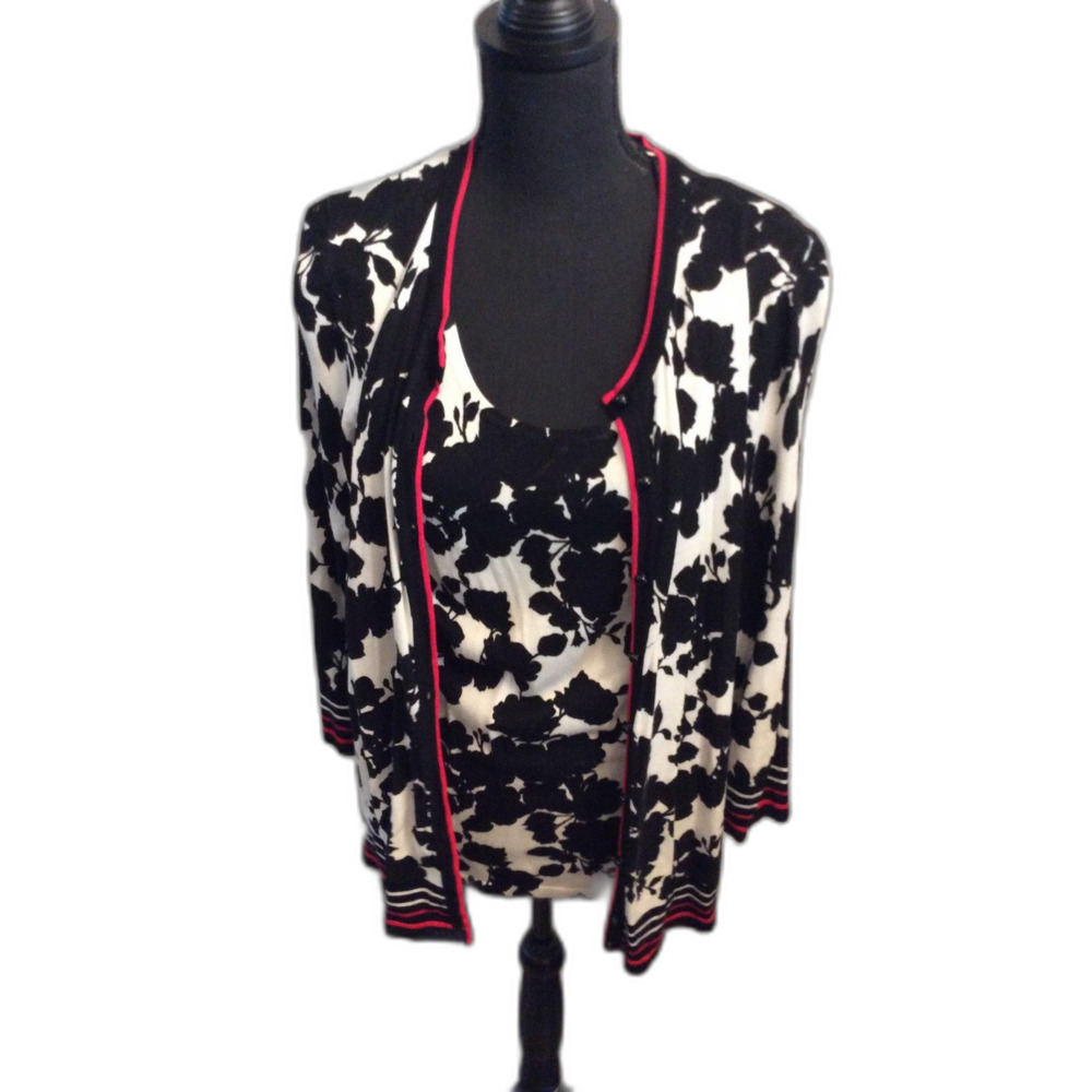 Covington Womens Sweater Set Black White Floral Top Cardigan Large XL